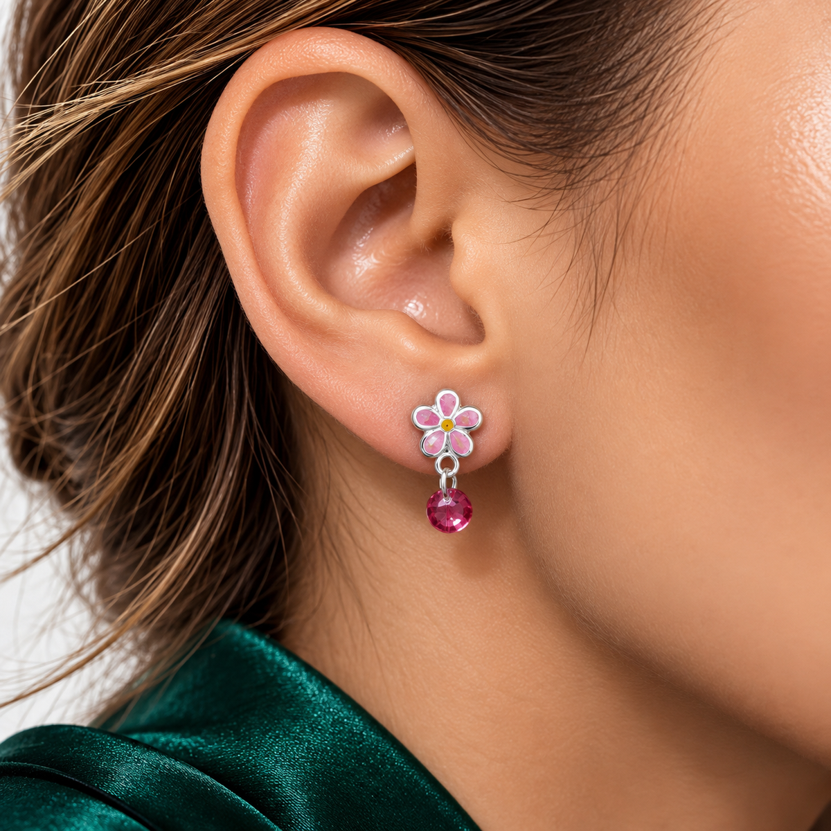 Arete Flor Rosa Plata Ley 925