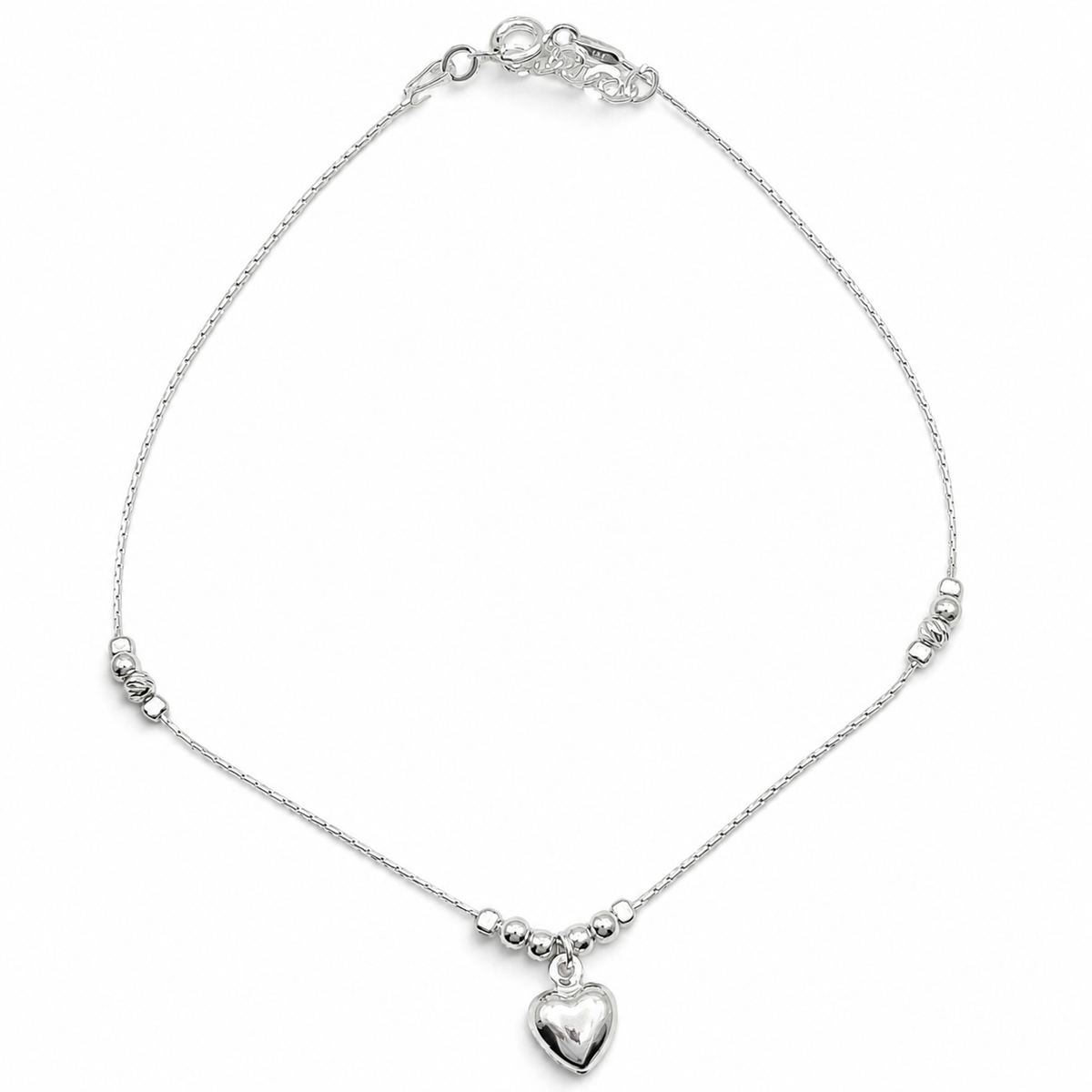 Tobillera Corazon Bolas Plata Ley 925