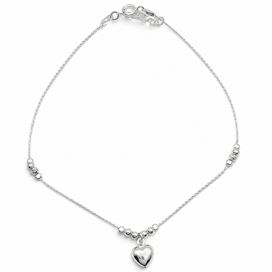 Tobillera Corazon Bolas Plata Ley 925