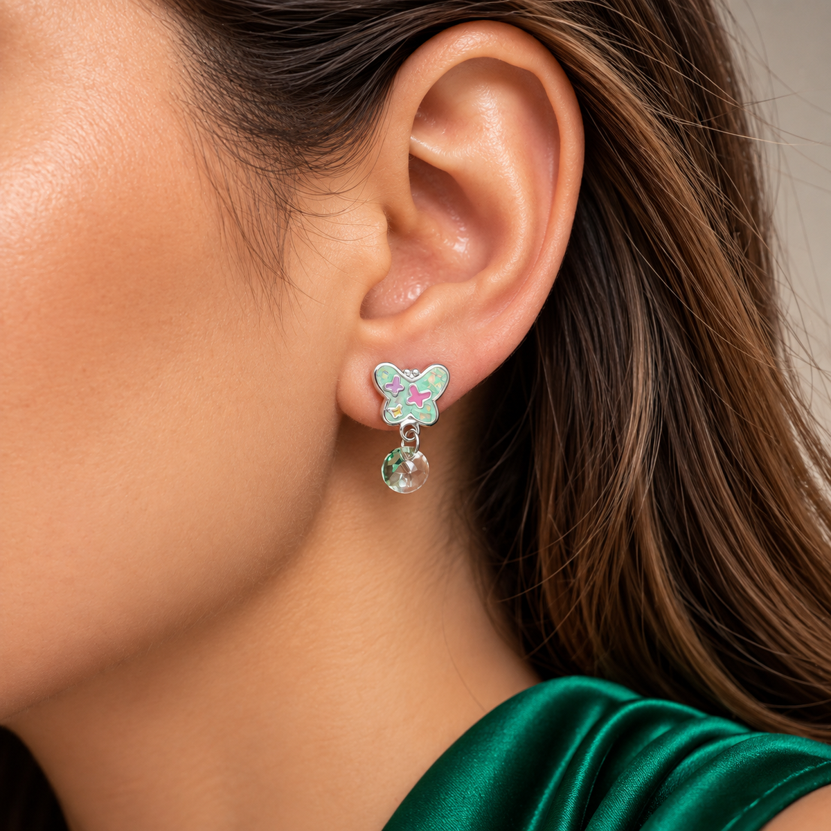 Arete Mariposa Verde Plata Ley 925