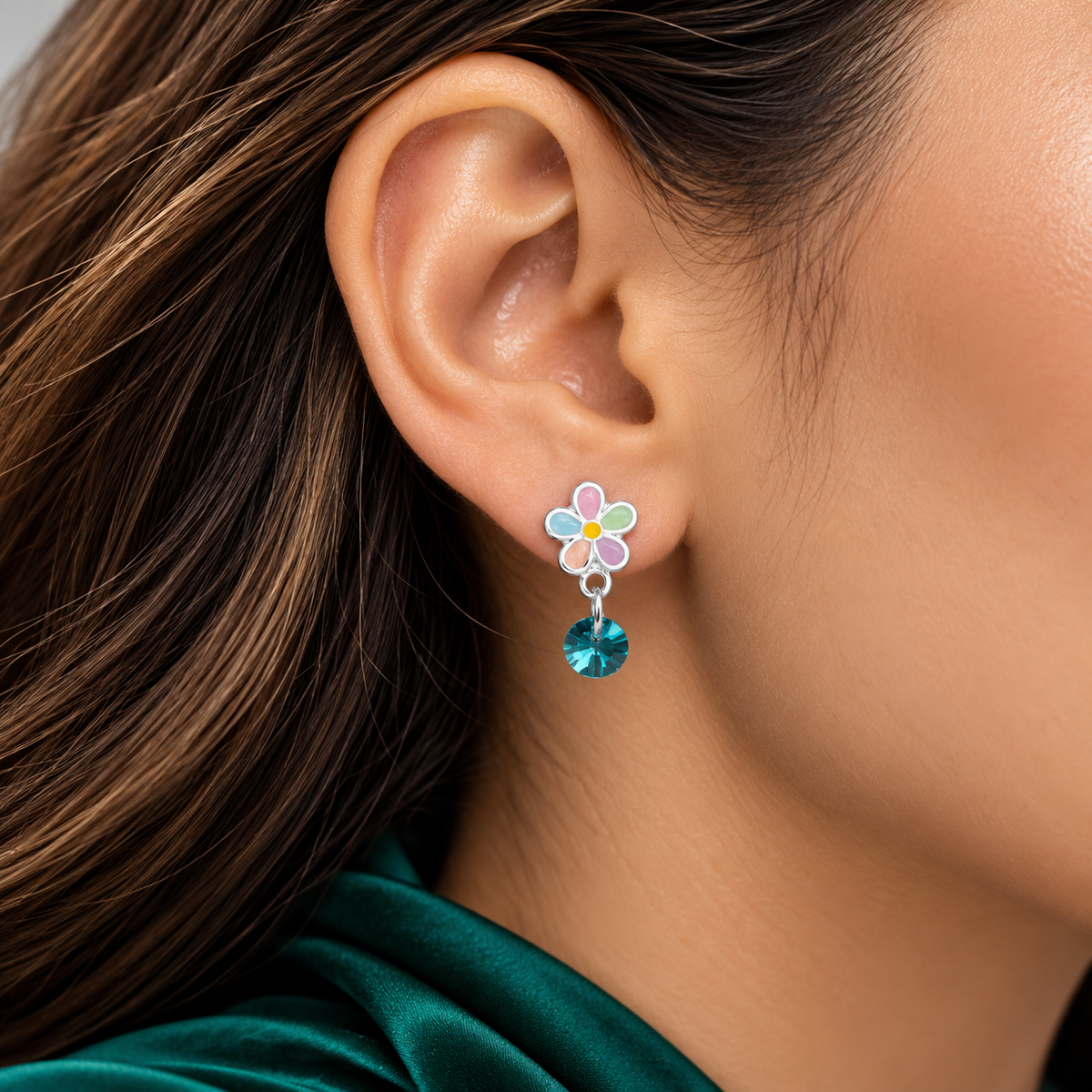 Arete Flor Multicolor Plata Ley 925
