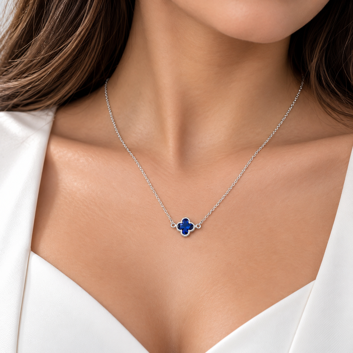Collar Trebol Azul Plata Ley 925