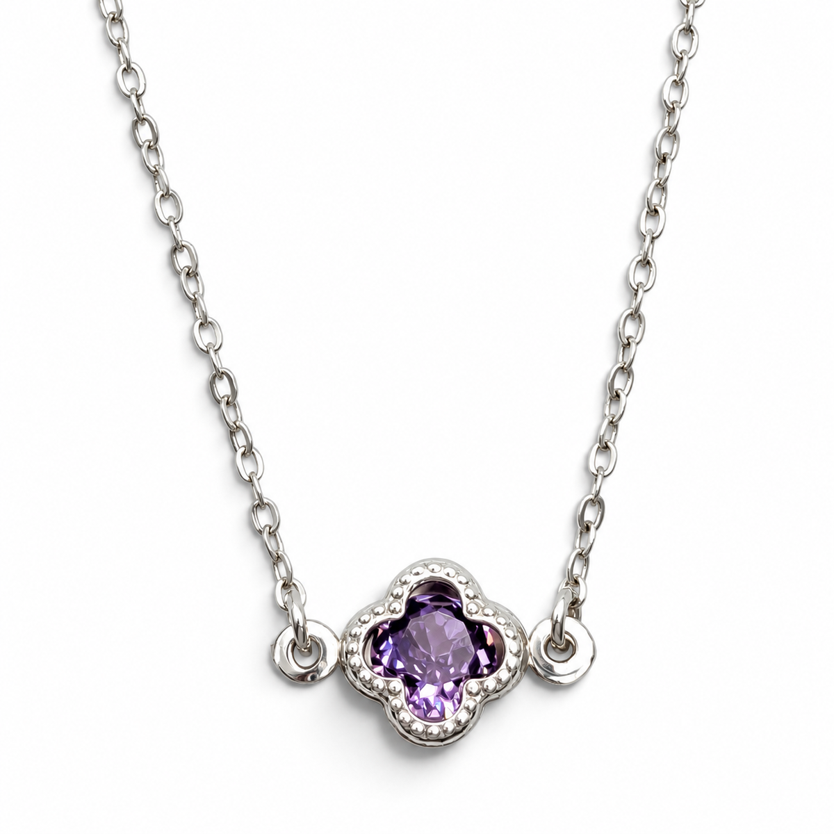 Collar Trebol Lila Plata Ley 925