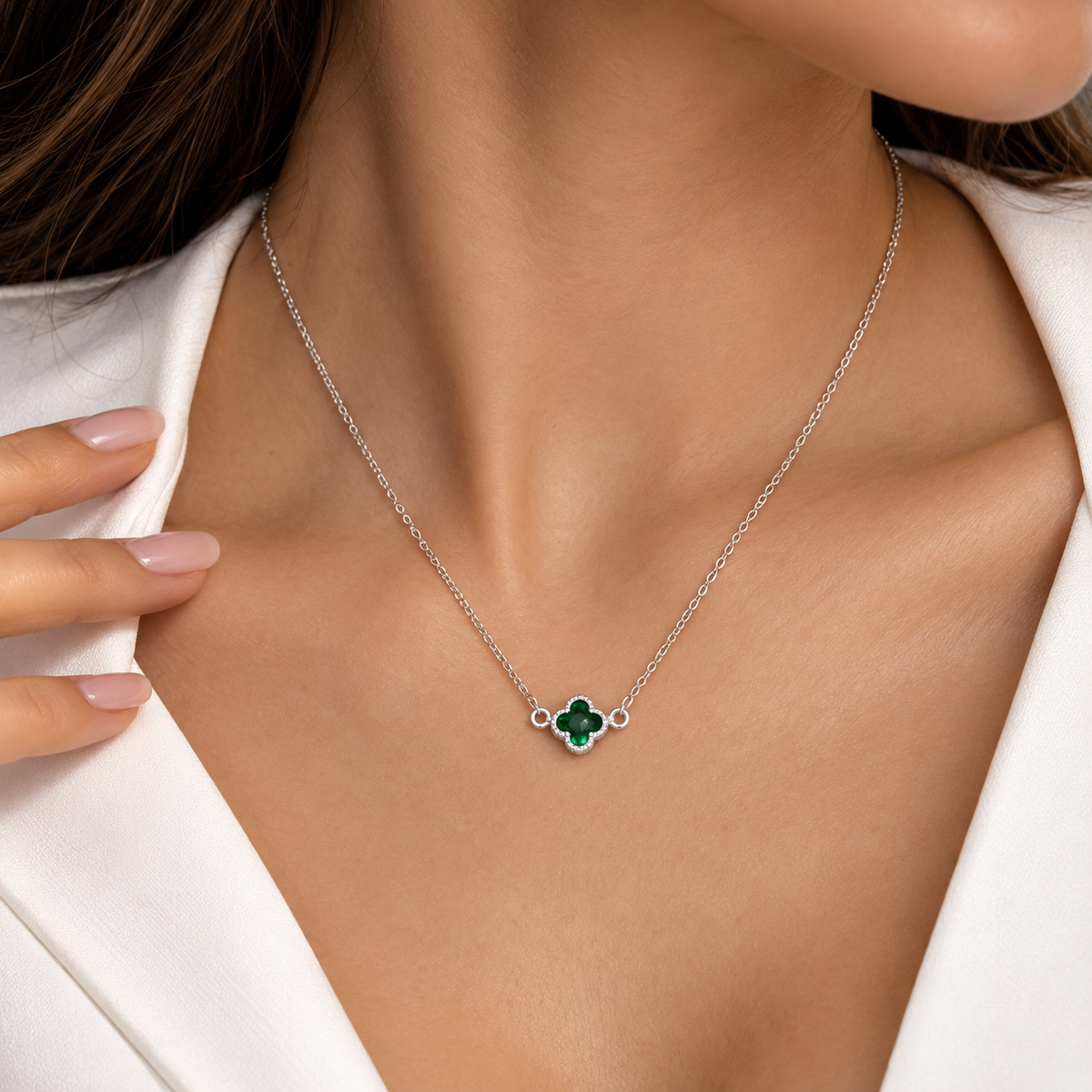 Collar Trebol Verde Plata Ley 925