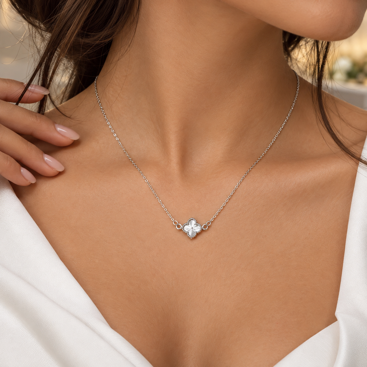 Collar Trebol Diamantado Plata Ley 925