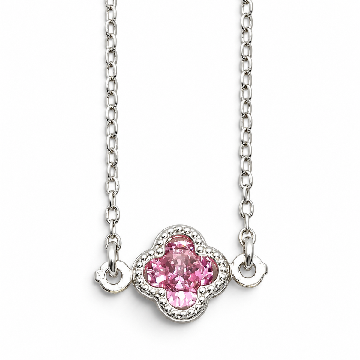 Collar Trebol Rosa Plata Ley 925