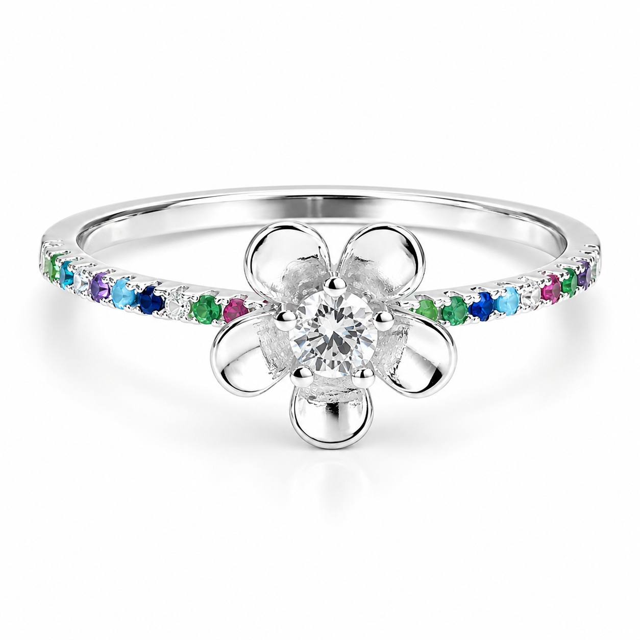 Anillo Flor Colores Plata Ley 925