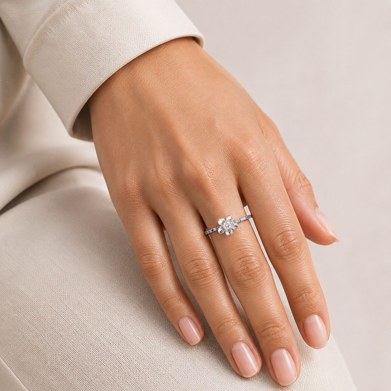 Anillo Flor Colores Plata Ley 925
