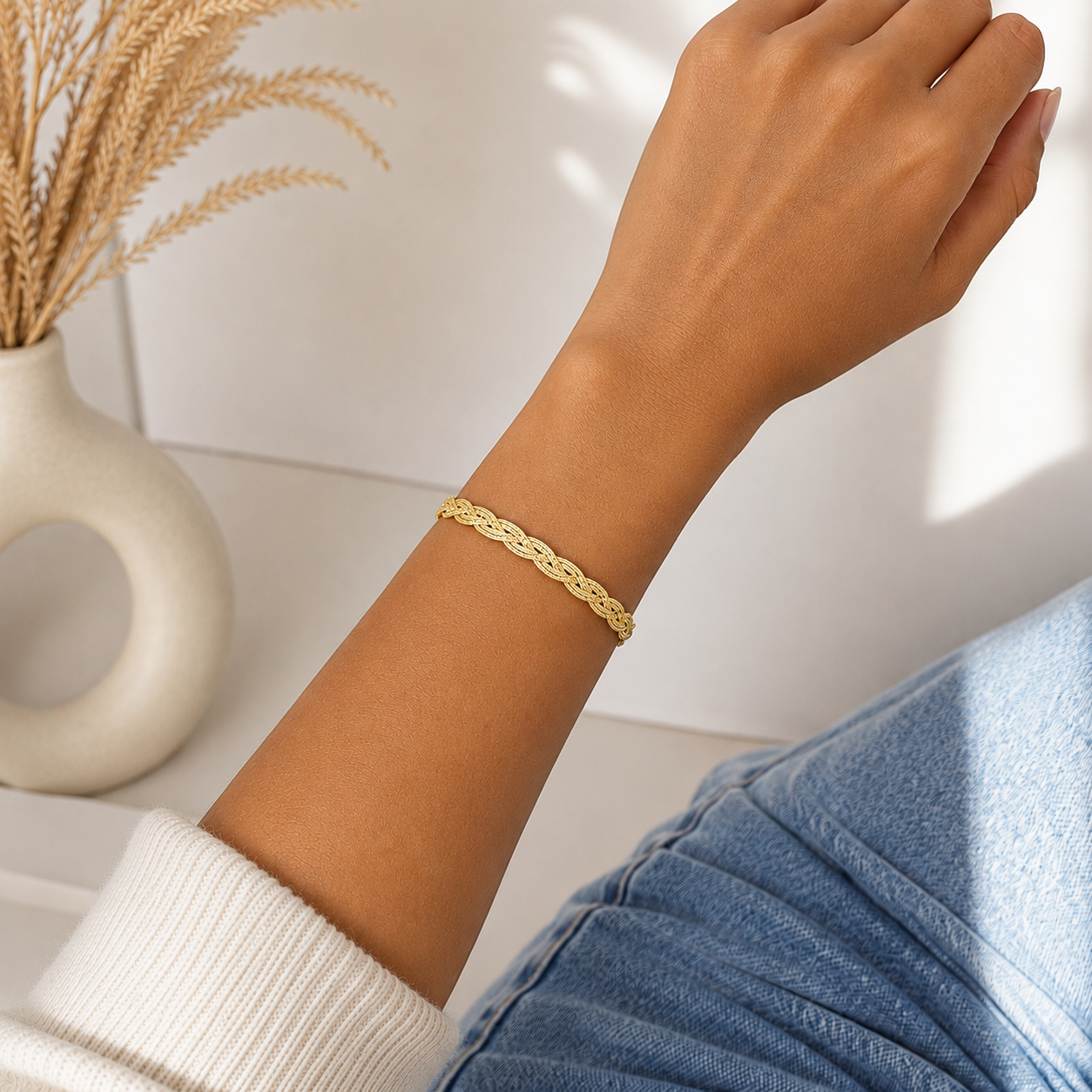 Pulsera Trenzada Dorada Plata Ley 925