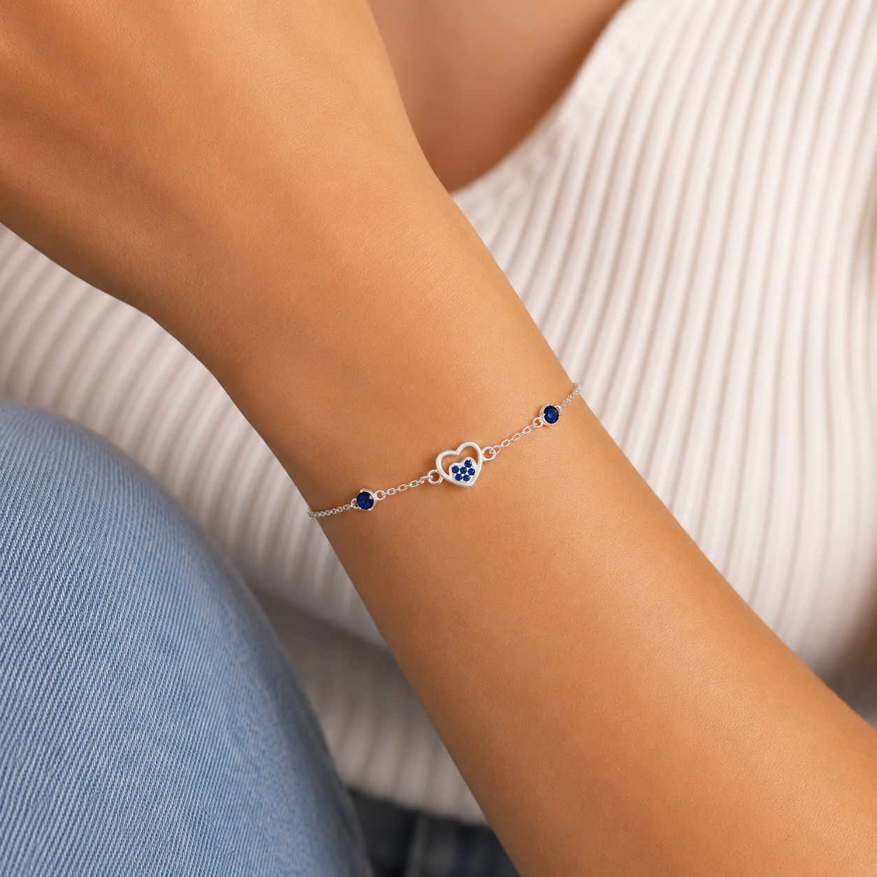 Pulsera Corazoncito Azul Plata Ley 925