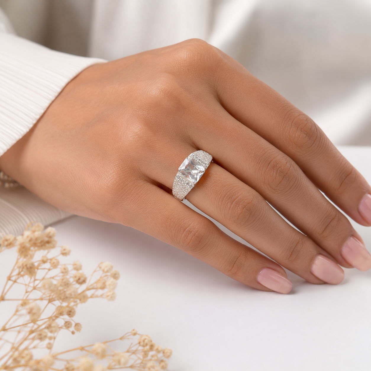 Anillo Cuadro Blanco Plata Ley 925