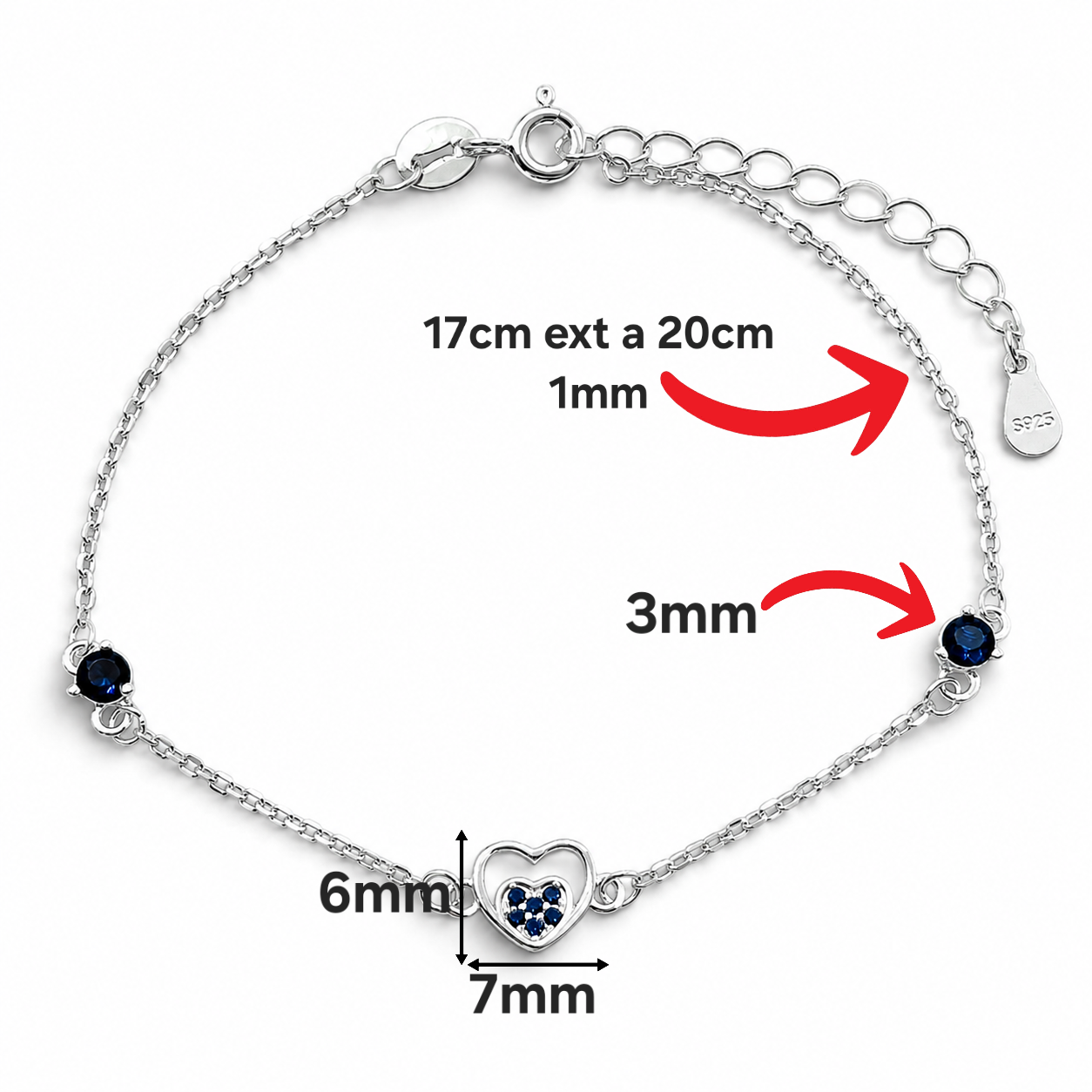 Pulsera Corazoncito Azul Plata Ley 925