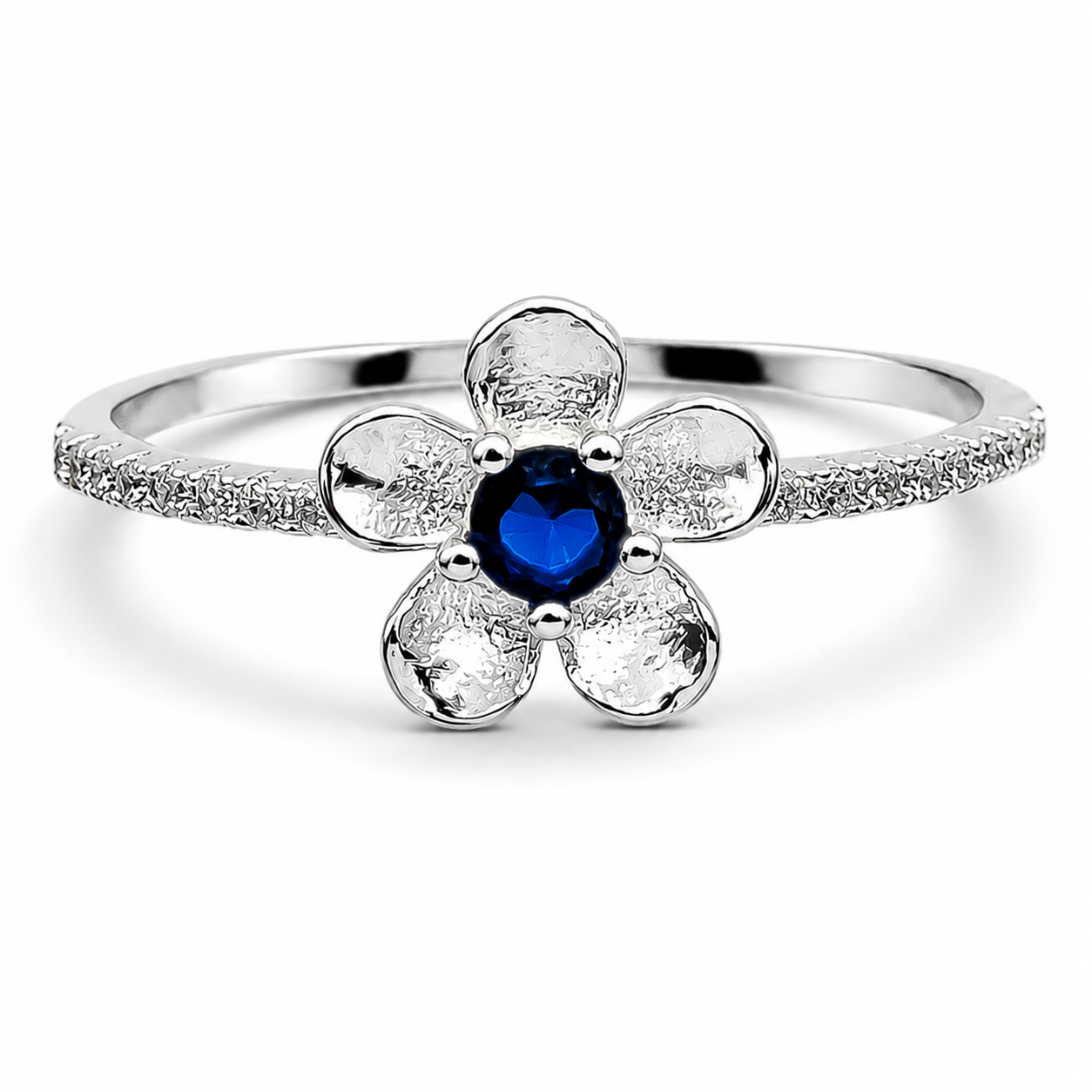 Anillo Flor Azul Plata Ley 925