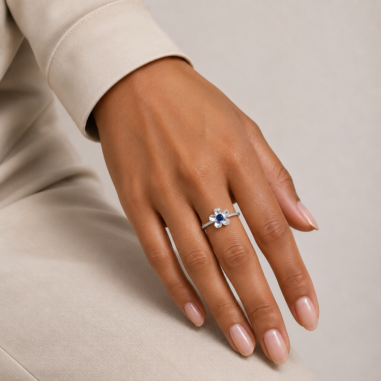 Anillo Flor Azul Plata Ley 925