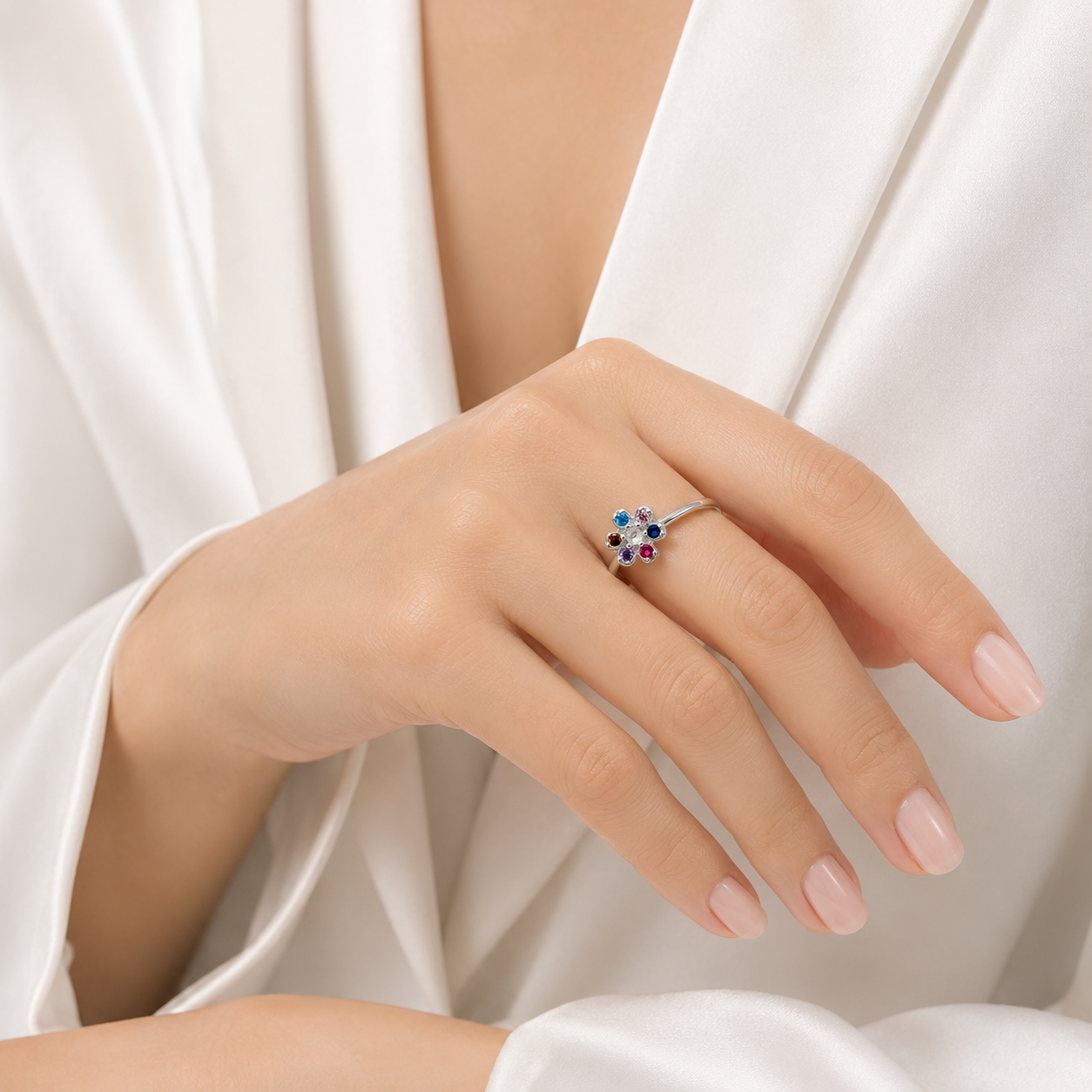 Anillo Flor Multicolor Plata Ley 925