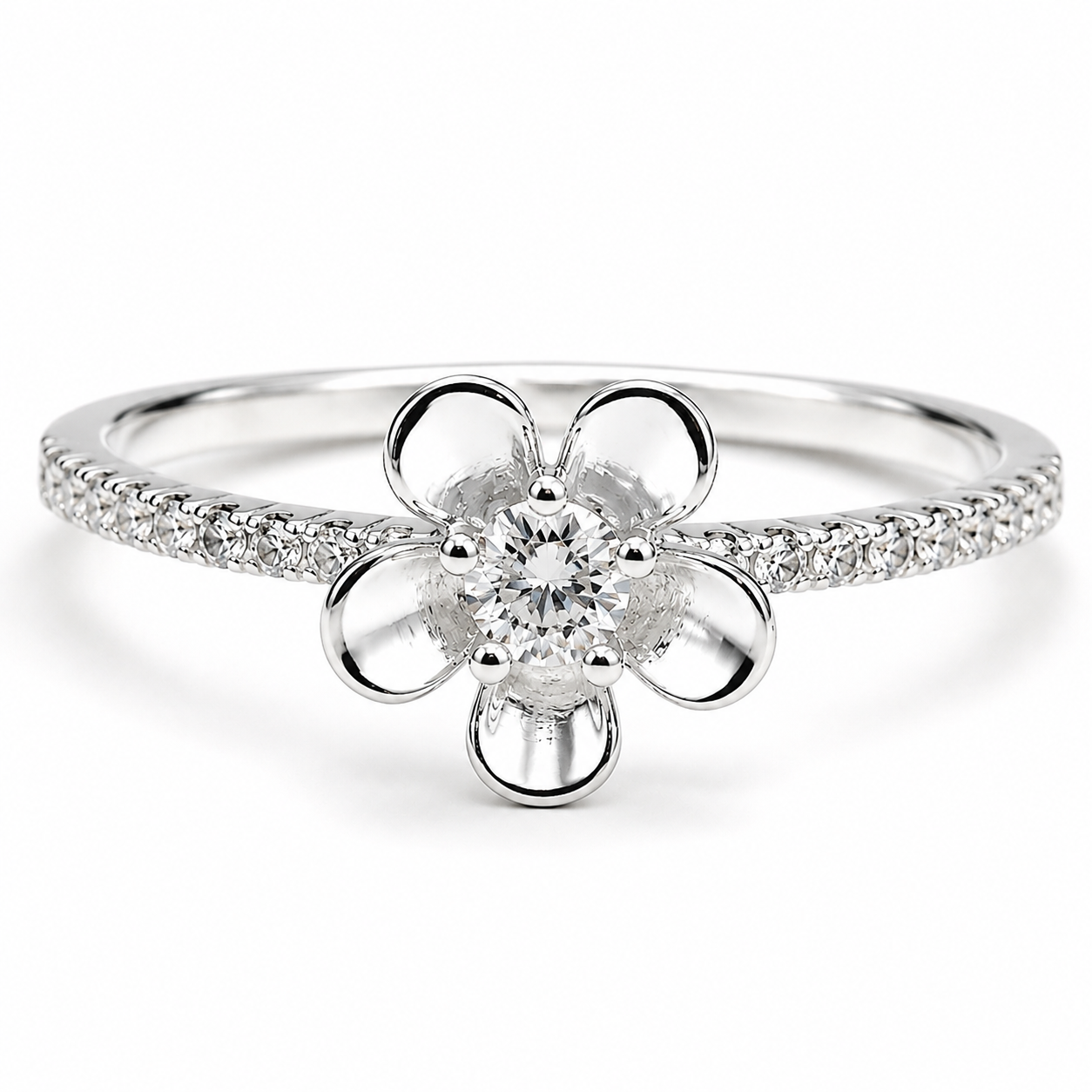 Anillo Flor Blanco Plata Ley 925