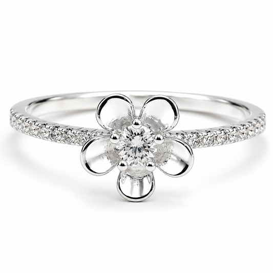 Anillo Flor Blanco Plata Ley 925