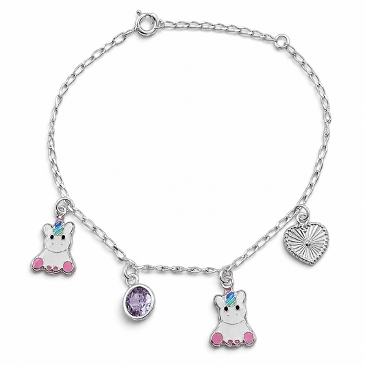 Pulsera Unicornio Lila Plata Ley 925