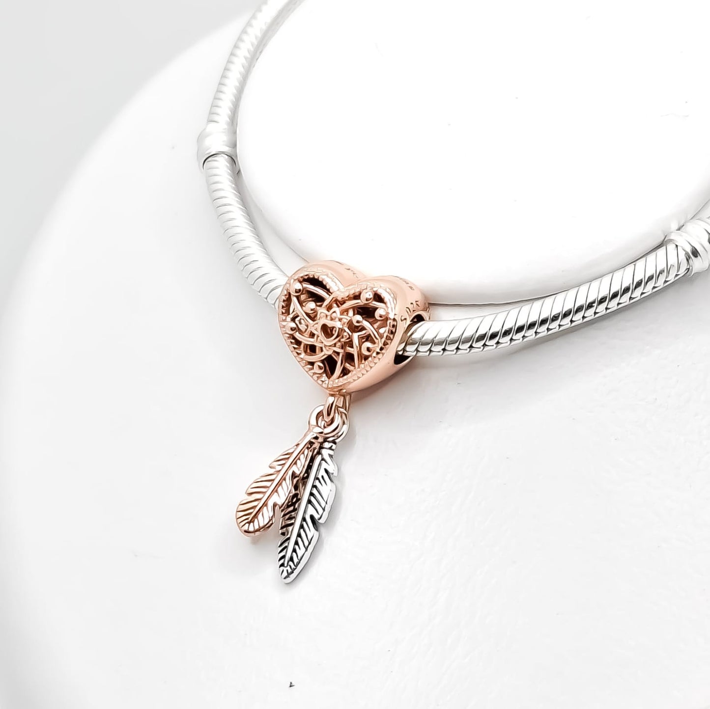 Charm Corazon Pluma Plata Rosa
