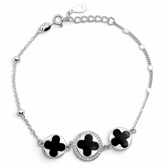 Pulsera Grande 3 Treboles Negra Plata Ley 925