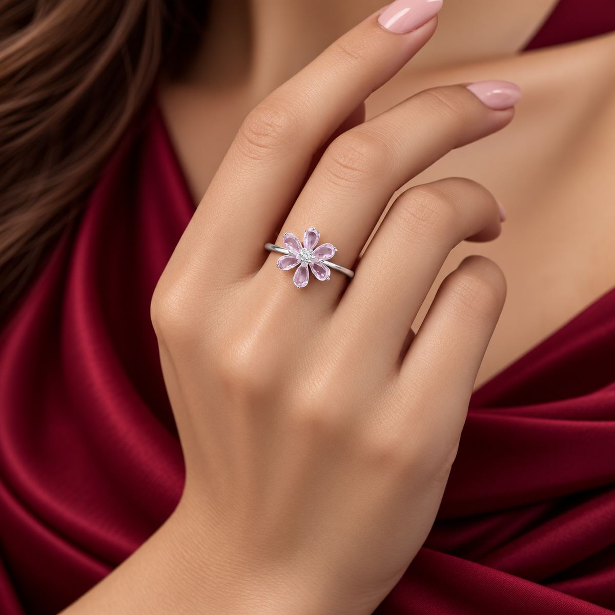 Anillo Flor Rosa Plata Ley 925