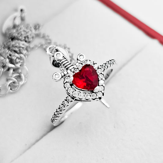Anillo Corazon Espada Cadena Rojo