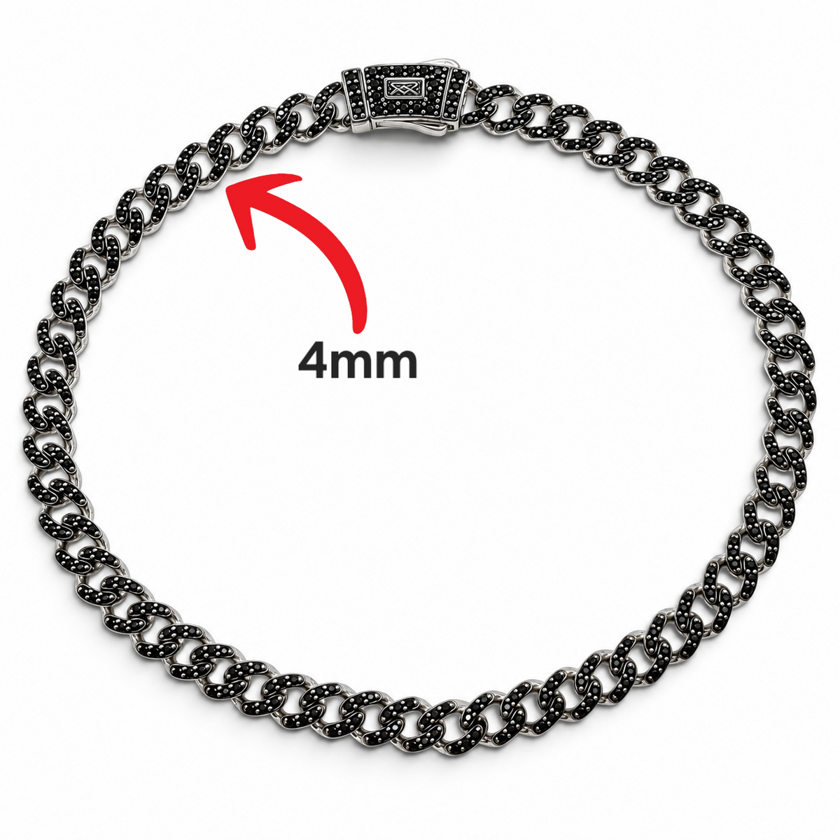 Pulso Cubano Mona Negro 4mm Plata Ley 925