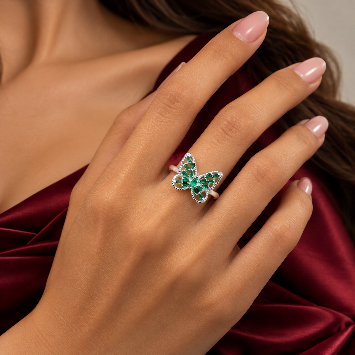 Anillo Mariposa Zirconia Verde Plata Ley 925