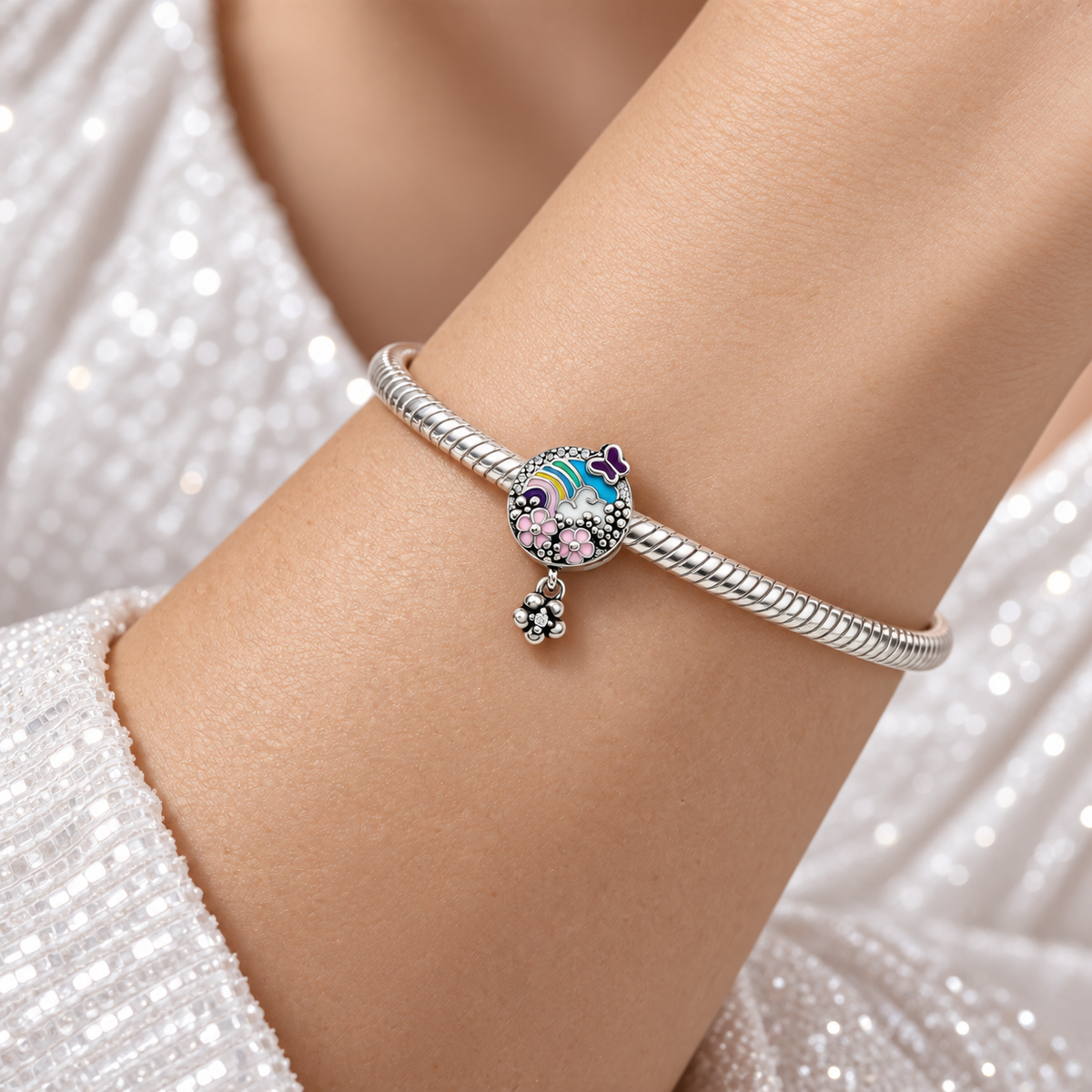Charm Arcoiris Flores Plata Ley 925