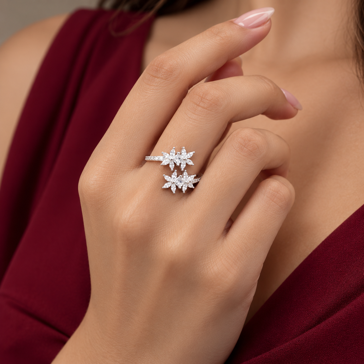 Anillo Ajustable Flores Plata Ley 925