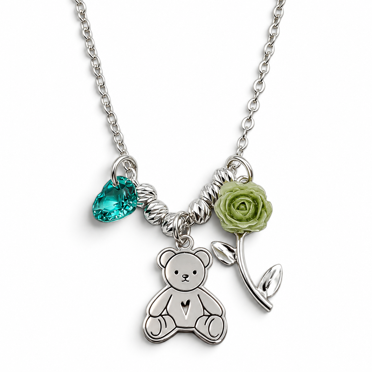 Collar Oso Rosa Verde Plata Ley 925