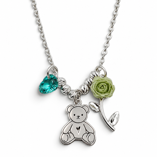Collar Oso Rosa Verde Plata Ley 925