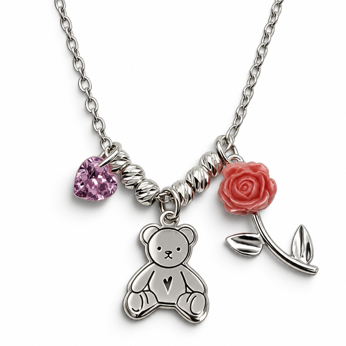 Collar Oso Rosa Plata Ley 925