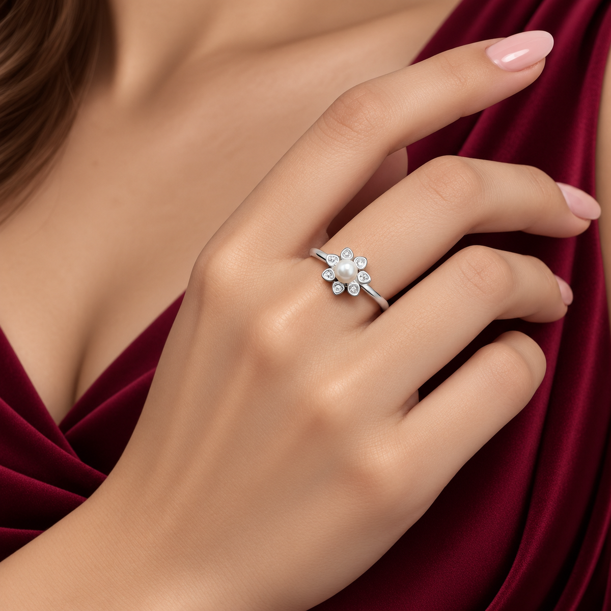 Anillo Flor Perla Plata Ley 925