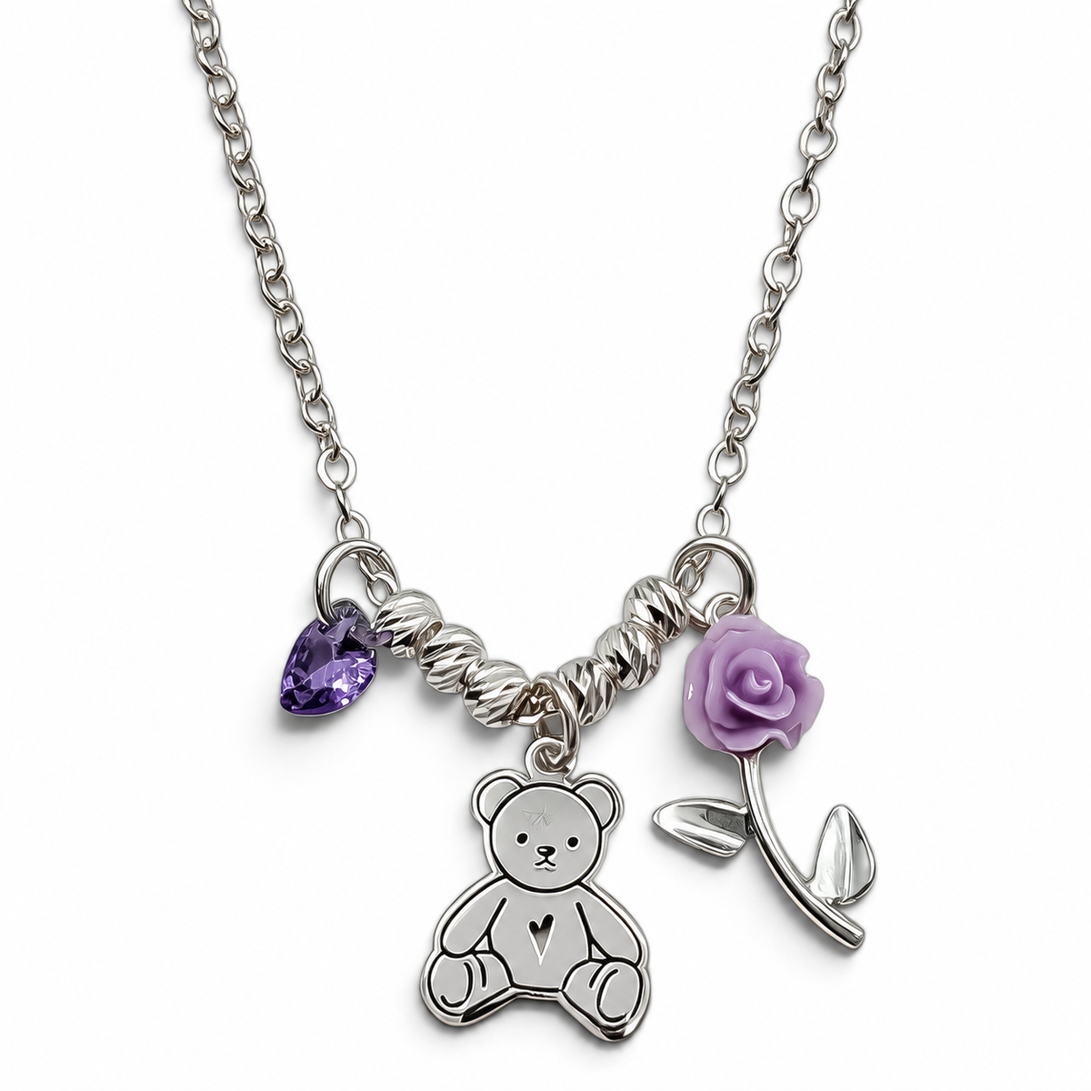 Collar Oso Rosa Morado Plata Ley 925