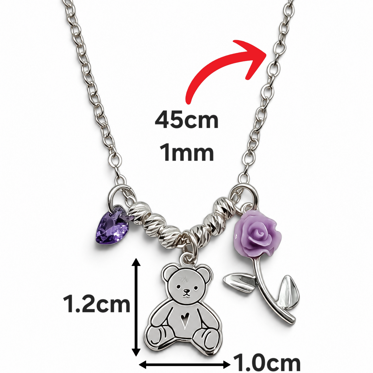 Collar Oso Rosa Morado Plata Ley 925