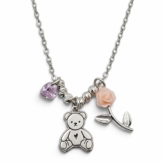 Collar Oso Rosa Naranja Plata Ley 925