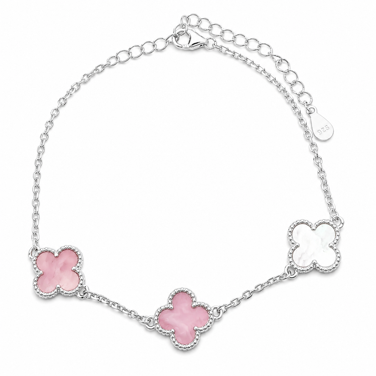 Pulsera Rosa 3 Treboles Plata Ley 925