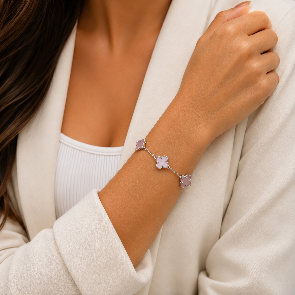 Pulsera Rosa 3 Treboles Plata Ley 925