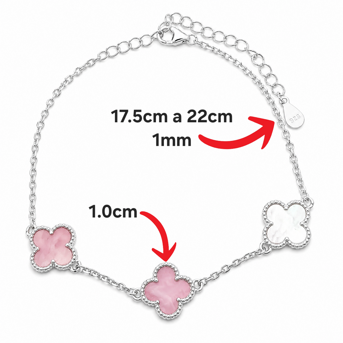 Pulsera Rosa 3 Treboles Plata Ley 925