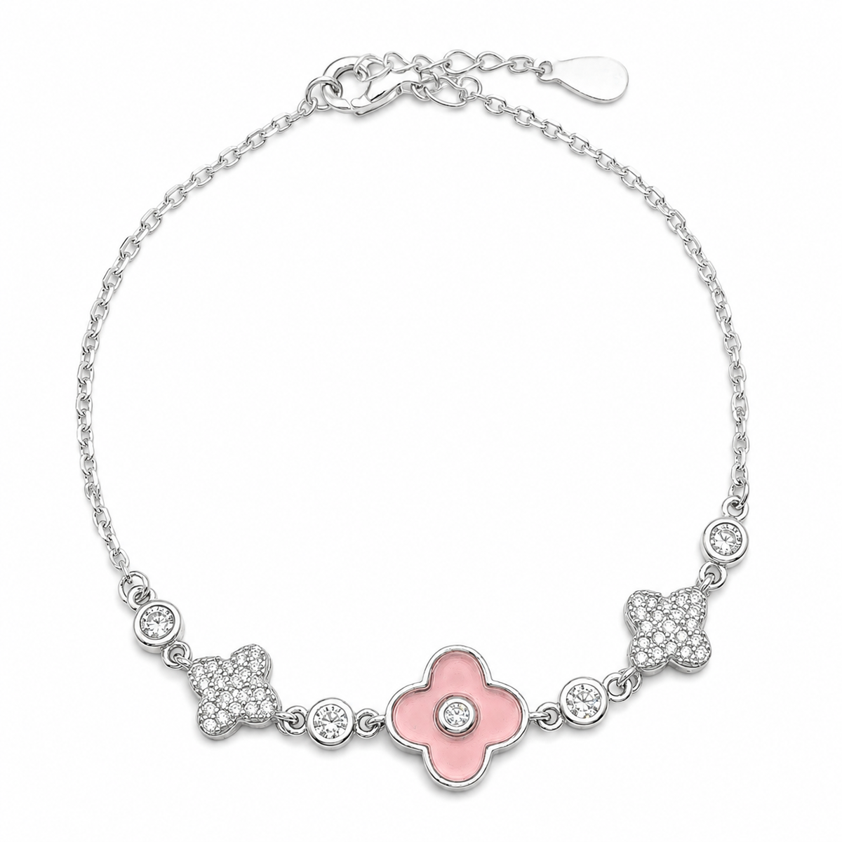 Pulsera Rosa Zirconia 3 Treboles Plata Ley 925