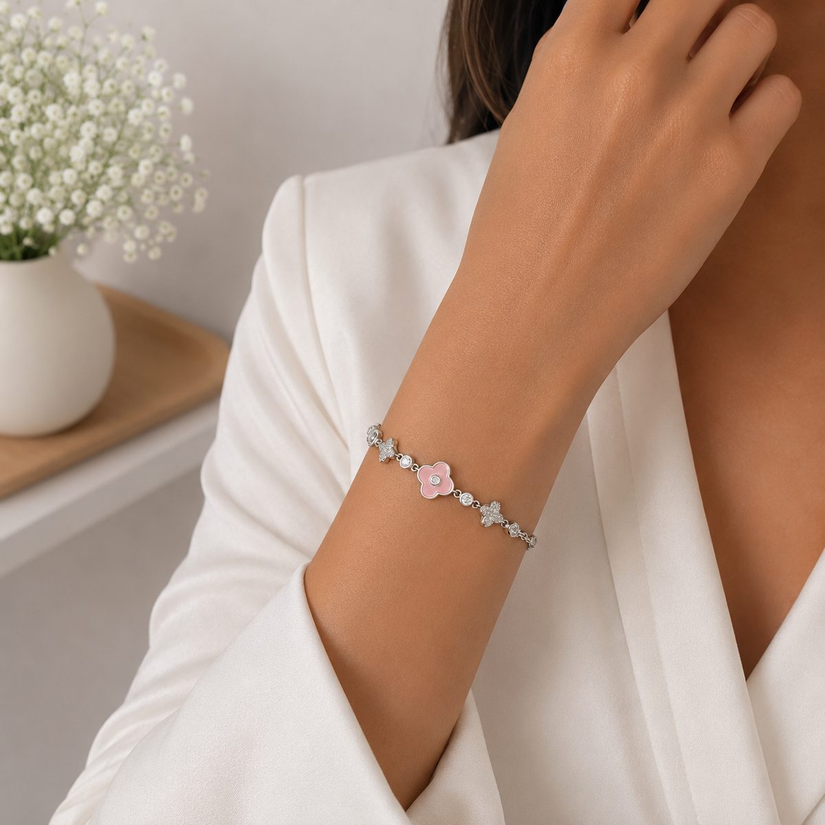 Pulsera Rosa Zirconia 3 Treboles Plata Ley 925
