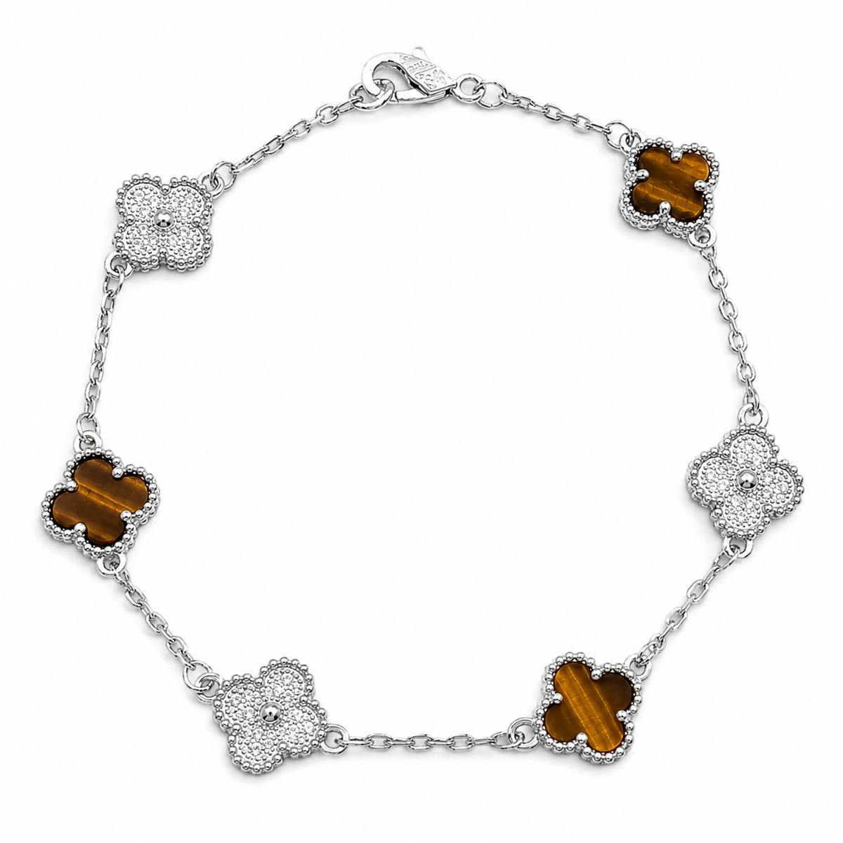 Pulsera Cafe Zirconia 6 Treboles Plata Ley 925