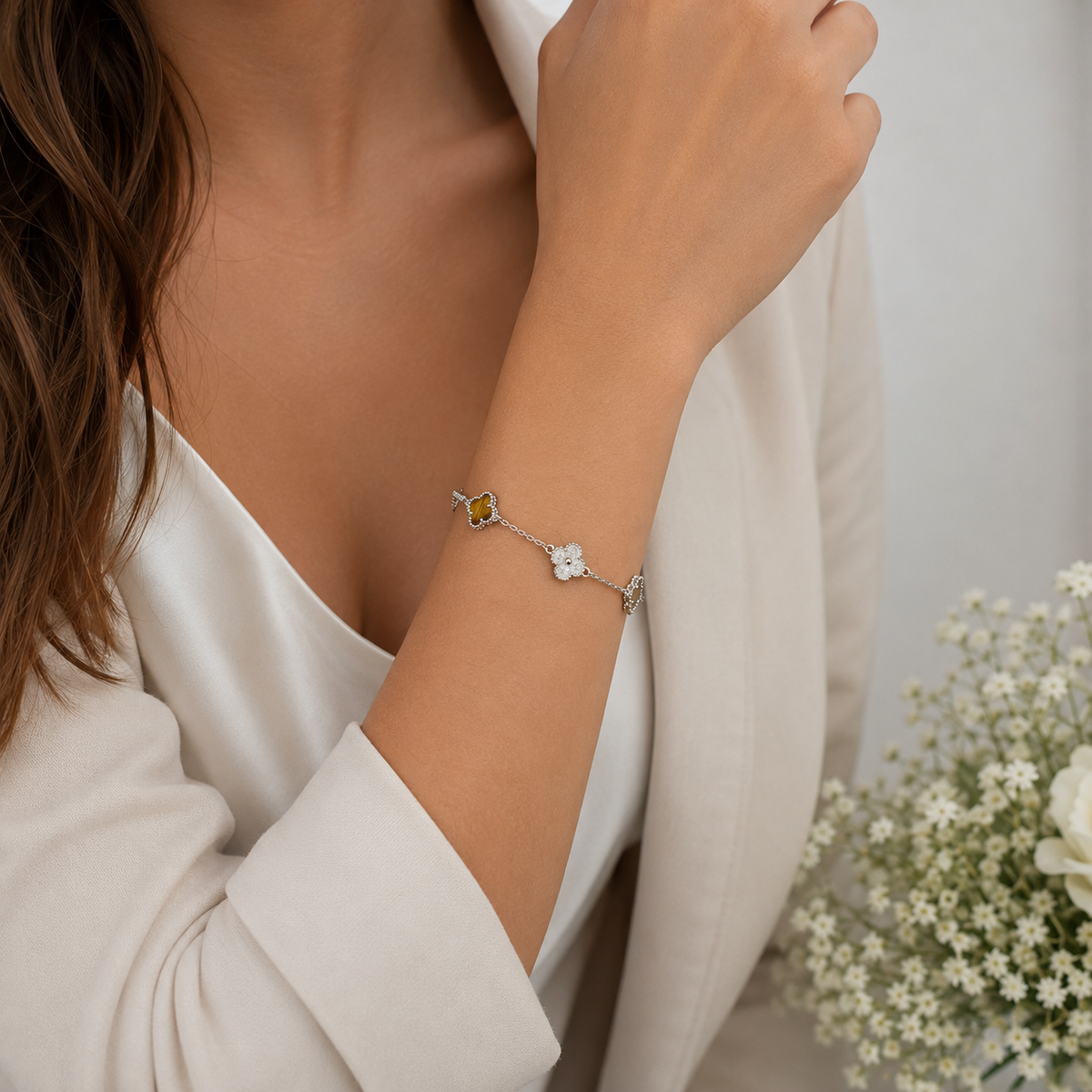 Pulsera Cafe Zirconia 6 Treboles Plata Ley 925
