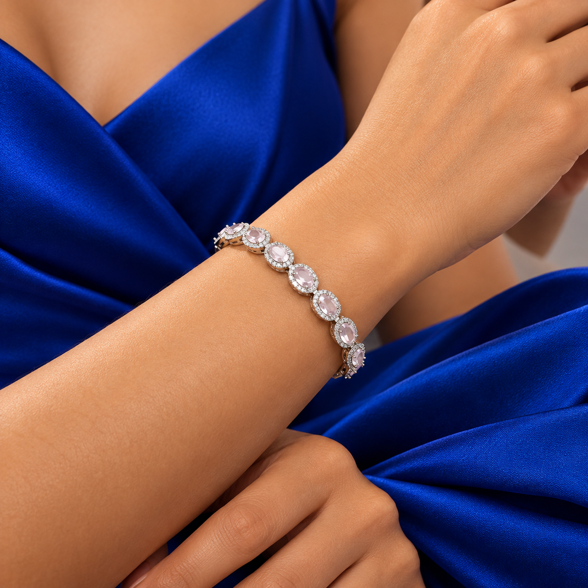Pulsera Zirconia Cuarzo Rosa Plata Ley 925