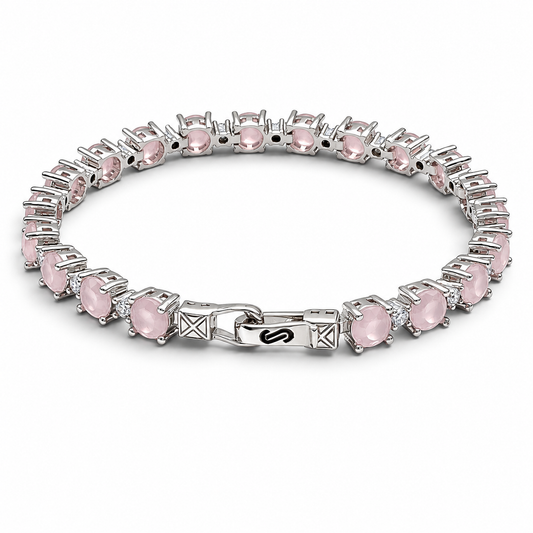 Pulsera Zirconia Redonda Cuarzo Rosa Plata Ley 925