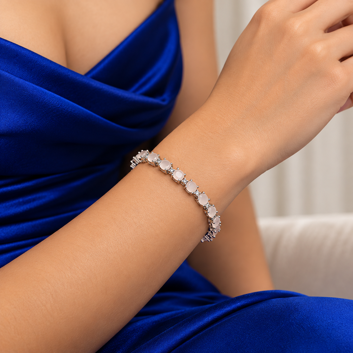 Pulsera Zirconia Redonda Cuarzo Rosa Plata Ley 925