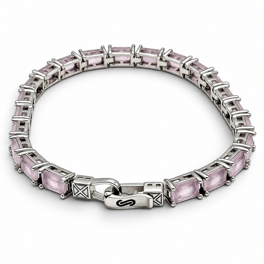 Pulsera Cuadro Cuarzo Rosa Plata Ley 925