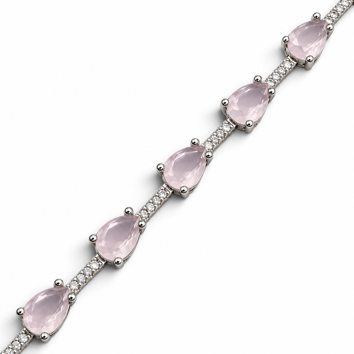 Pulsera Gota Zirconia Cuarzo Rosa Plata Ley 925