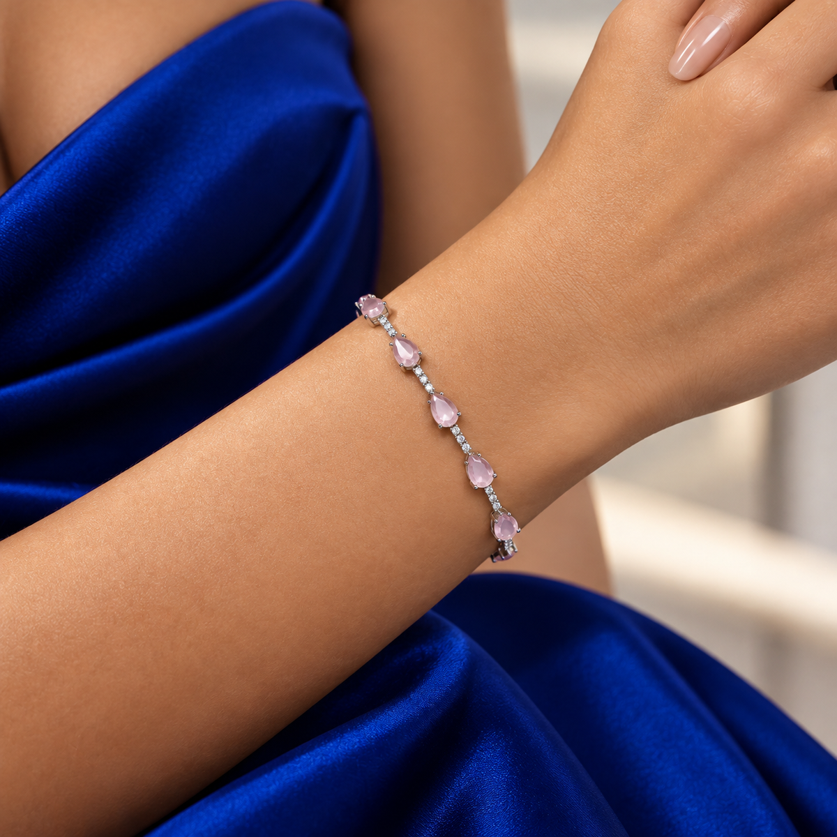 Pulsera Gota Zirconia Cuarzo Rosa Plata Ley 925
